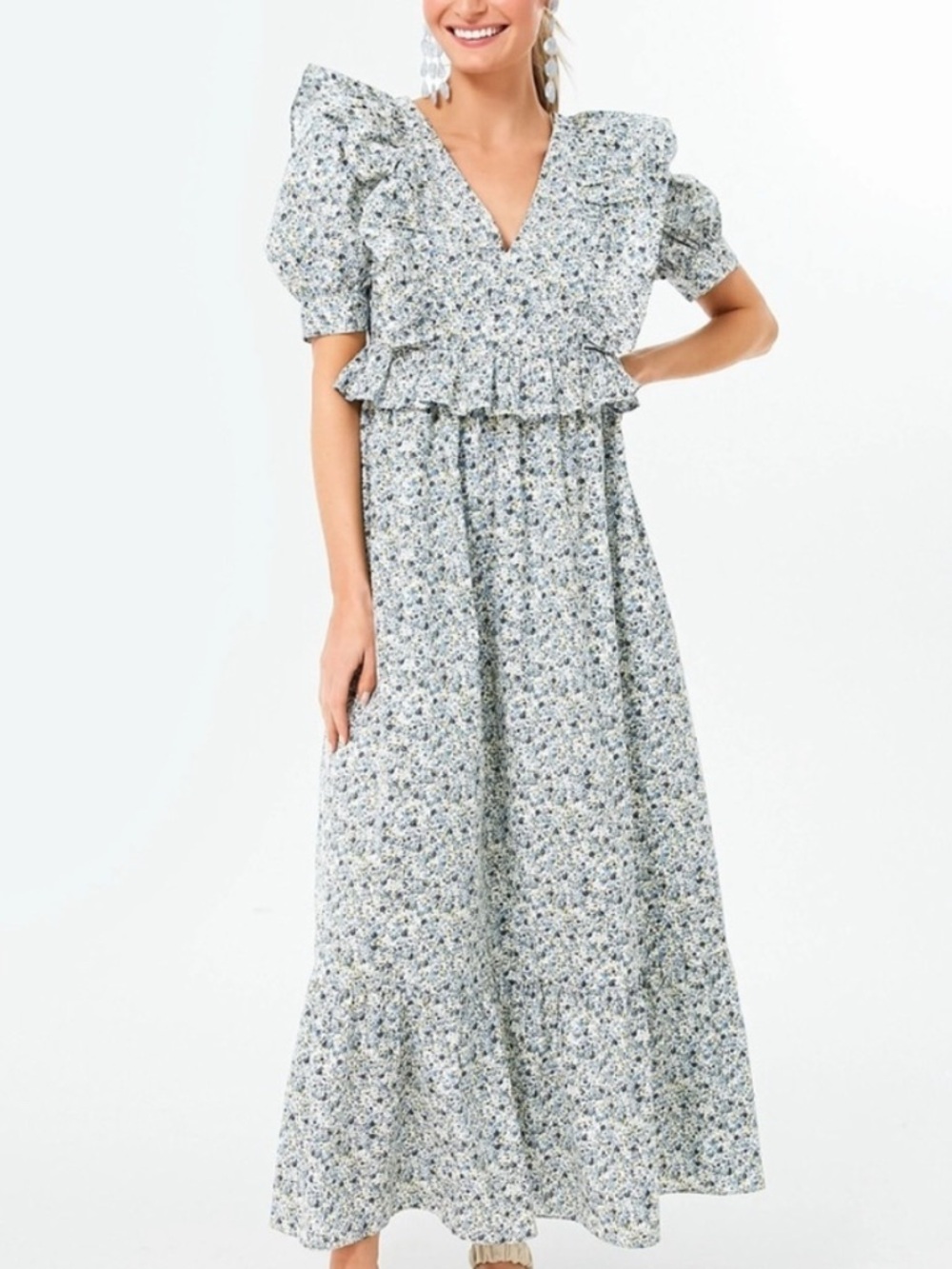 NWT Hyacinth House Blue Floral Ruffle Maxi Dress Short Puff Sleeve V-Neck Size S